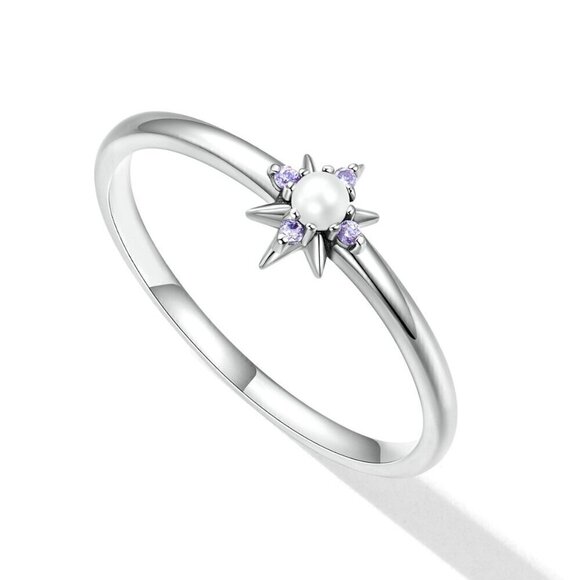 NWT Dainty Star Ring S925 Sterling Silver Pearl Purple Zircon Sz. 7 - Picture 2 of 11